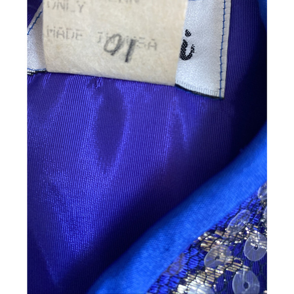 Vintage Tadashi Dress Blue Gold Sequin Long Sleeve V Neck Embellished Ru… - Picture 9 of 10